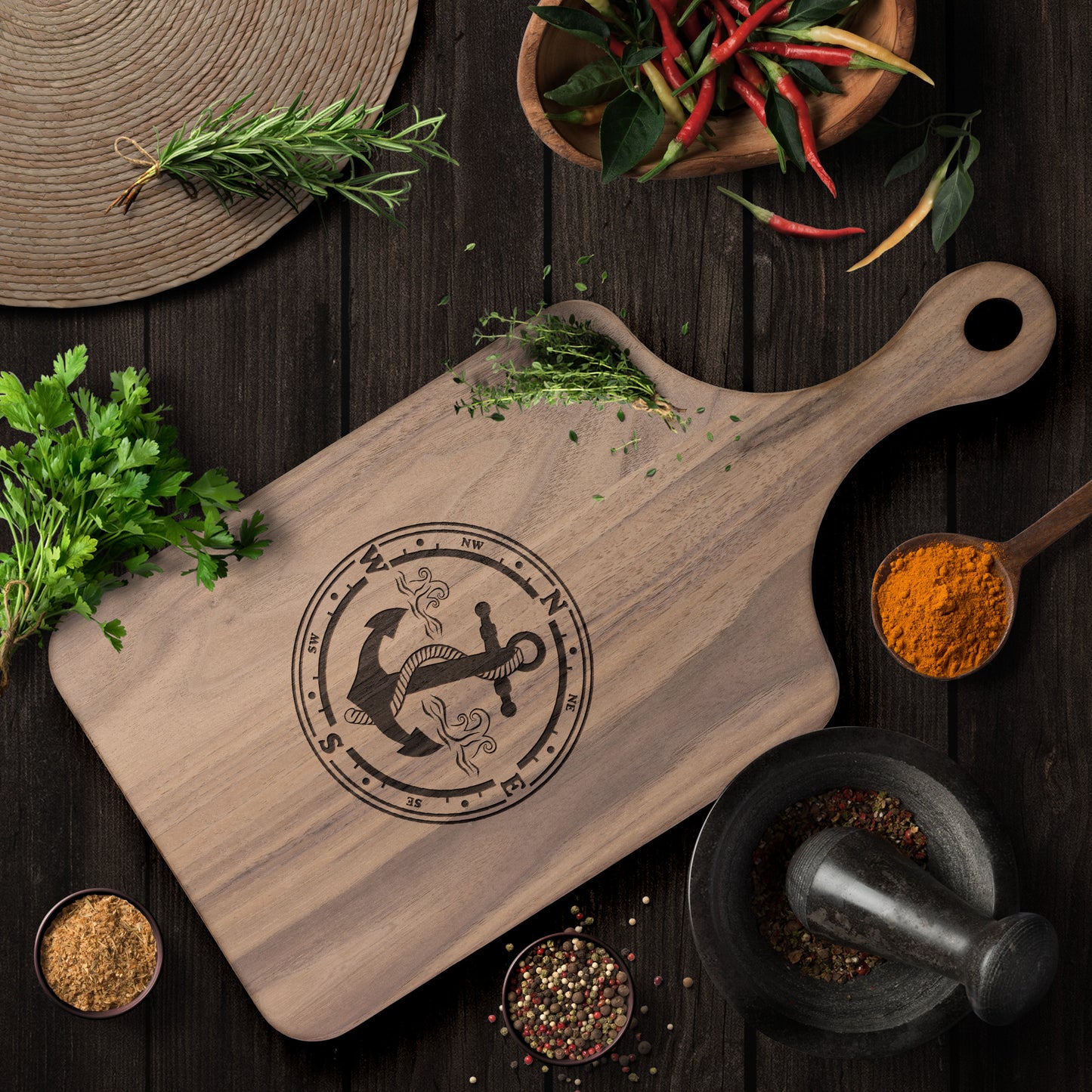 Cutting Board with handle - Hardwood Maple or Walnut- Anchor design 1828