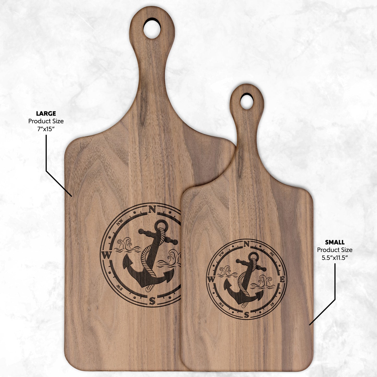 Cutting Board with handle - Hardwood Maple or Walnut- Anchor design 1828