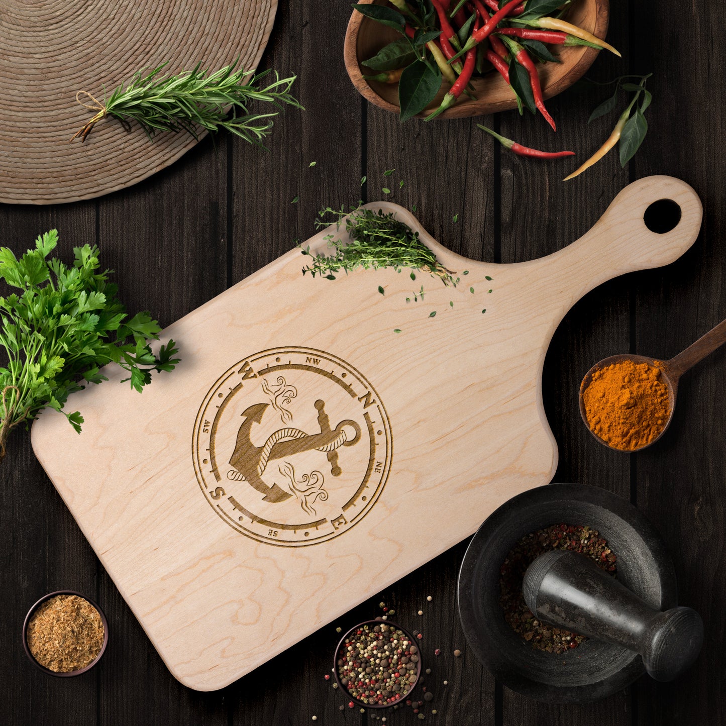 Cutting Board with handle - Hardwood Maple or Walnut- Anchor design 1828